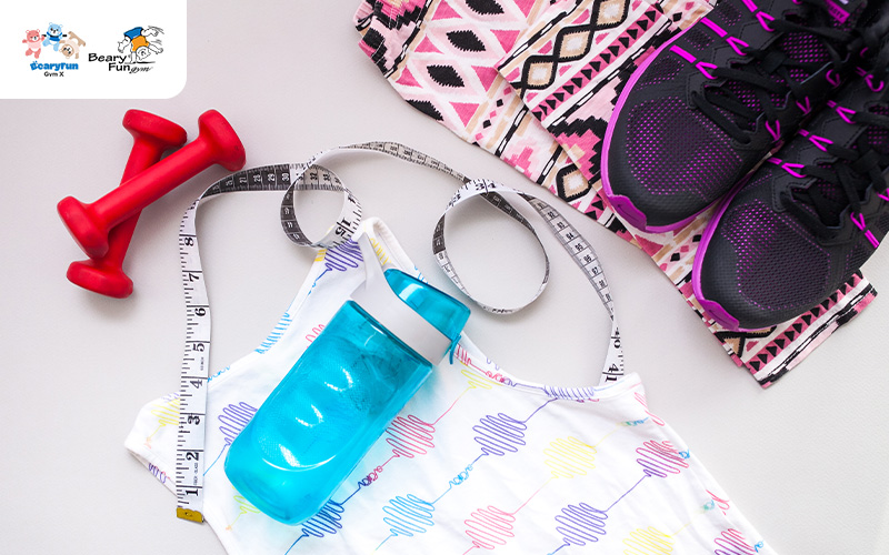 Gymnastics essentials activewear, water bottle for class.